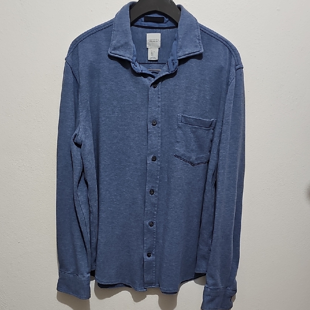 Men's Casual Blue Button-Down Shirt Cotton Knit Lyocell Stretch